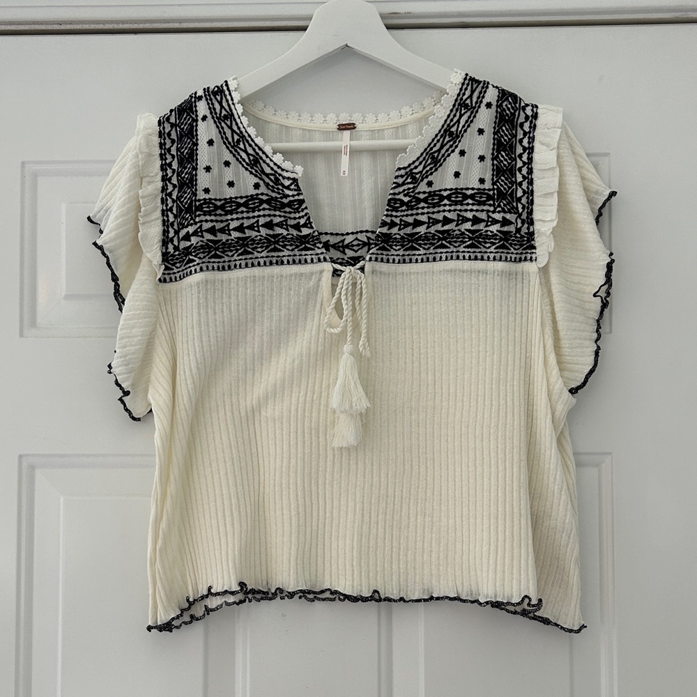 Free People Cream and Black Embroidered Blouse
